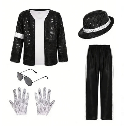 Kids Pop Star Costume with Black Sequin Jacket and Pants Set Options, Retro Dance Performance Outfit for Halloween and Parties, Sizes S-XL