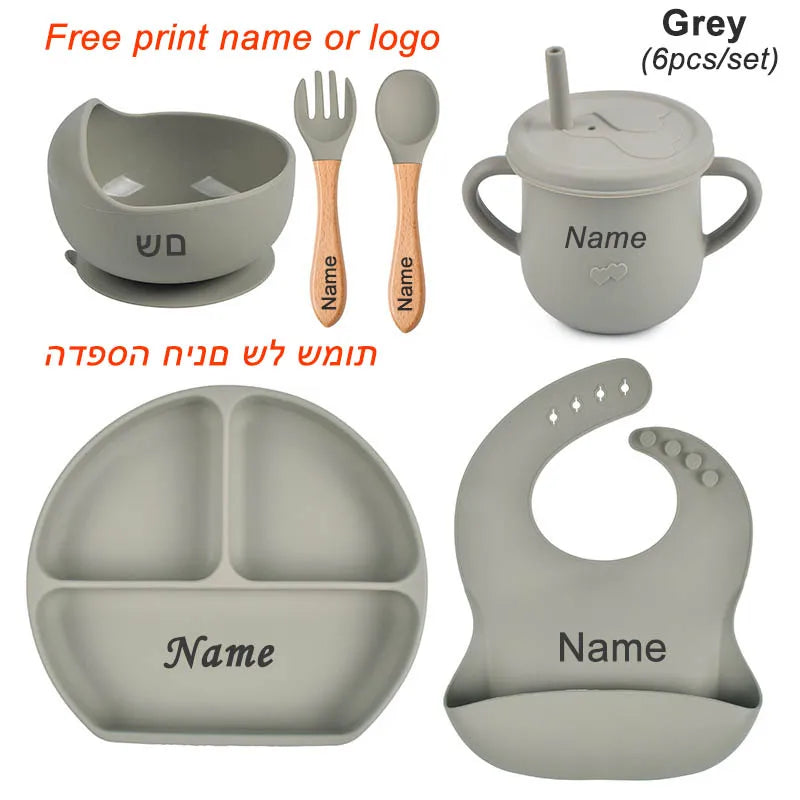 Personalized Baby Feeding Set with Silicone Suction Plate, Bowl, Spoon and Fork, 4-Piece or 6-Piece Tableware Options for Supervised Mealtimes