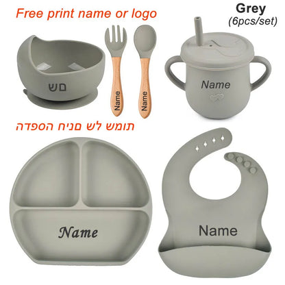 Personalized Baby Feeding Set with Silicone Suction Plate, Bowl, Spoon and Fork, 4-Piece or 6-Piece Tableware Options for Supervised Mealtimes