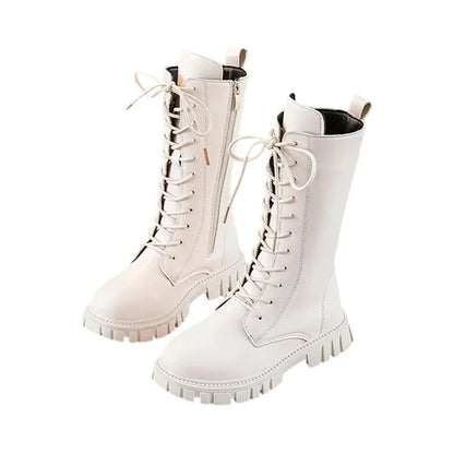 Girls Mid-Calf Lace-Up Boots with Side Zippers, Chunky Lug-Style Soles and Back Pull Tabs, Fall Winter Fashion Footwear in Sizes 27-36