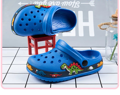 Dinosaur Kids Garden Clogs with Ventilation Holes and Pivoting Heel Strap, Closed-Toe Slip-On Summer Shoes for Boys and Girls Casual Outfits