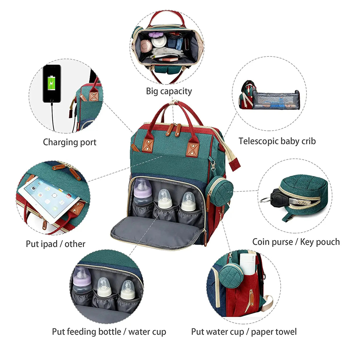Diaper Backpack with USB Port and Fold-Out Changing Station, Type 1 and Type 3 Baby Essentials Bag with Organized Storage for Moms and Dads
