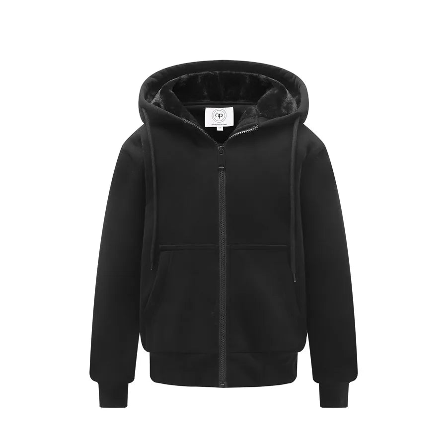 Kids Lined Zip-Up Hoodie with Plush-Textured Interior, Hood and Front Pockets, Boys and Girls Fall Winter Jacket for Everyday Layering