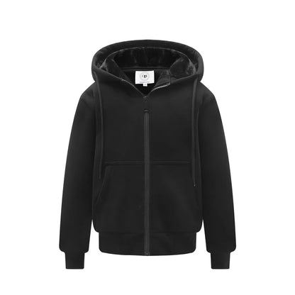 Kids Lined Zip-Up Hoodie with Plush-Textured Interior, Hood and Front Pockets, Boys and Girls Fall Winter Jacket for Everyday Layering