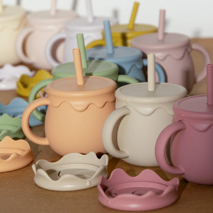 Two-Handle Toddler Straw Cup with Rounded Body and Wavy-Edge Lid, Portable Baby Drinkware and Snack Container Options for Supervised Use