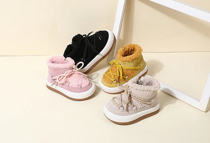 Toddler Plush Ankle Boots with Lace-Up Front, Rubber Soles and Fluffy Trim for Boys and Girls, Beige Black or Pink Cool-Weather Shoes