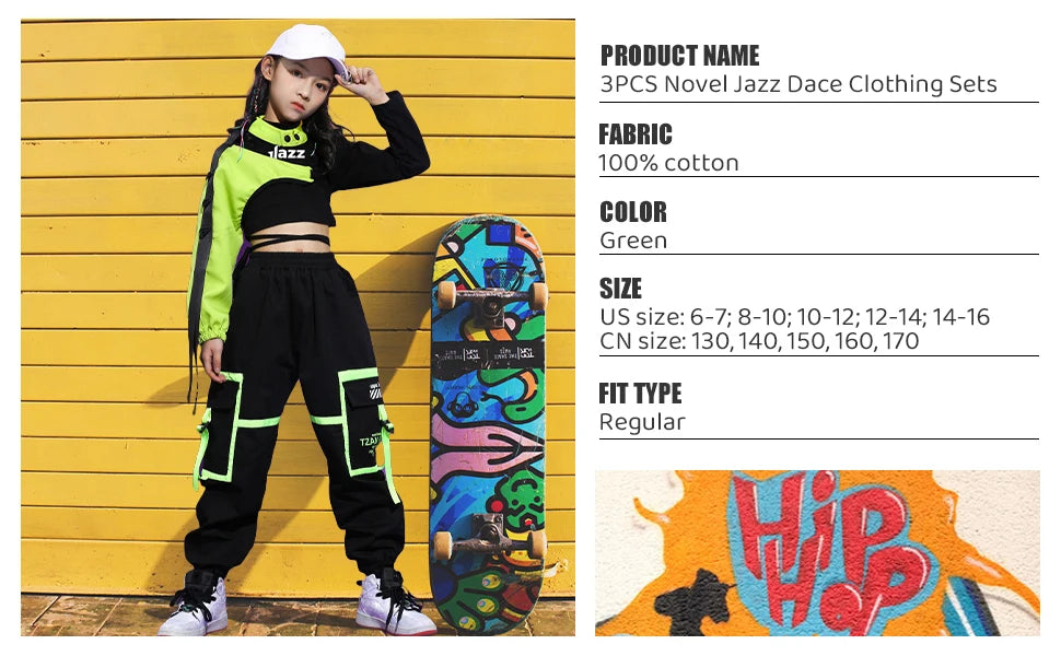 Girls Hip Hop Cargo Pants Dance Set with Crop Top and Decorative Sleeve, Three-Piece Colorblock Stage Outfit for Ages 4–16 by LOLANTA