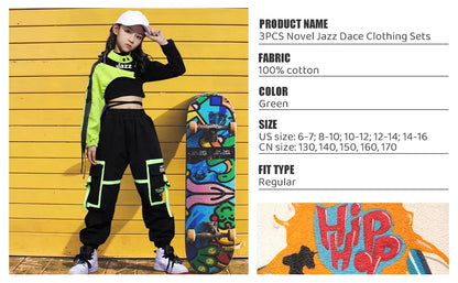 Girls Hip Hop Cargo Pants Dance Set with Crop Top and Decorative Sleeve, Three-Piece Colorblock Stage Outfit for Ages 4–16 by LOLANTA