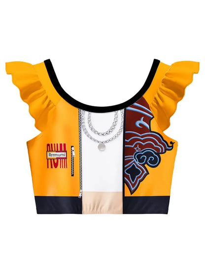 Girls Graphic Ruffle Swimsuit Set with Printed Top, Coordinating Bottoms and Swim Cap for Beach Vacations and Pool Days, Sizes 4-5Y to 11-12Y