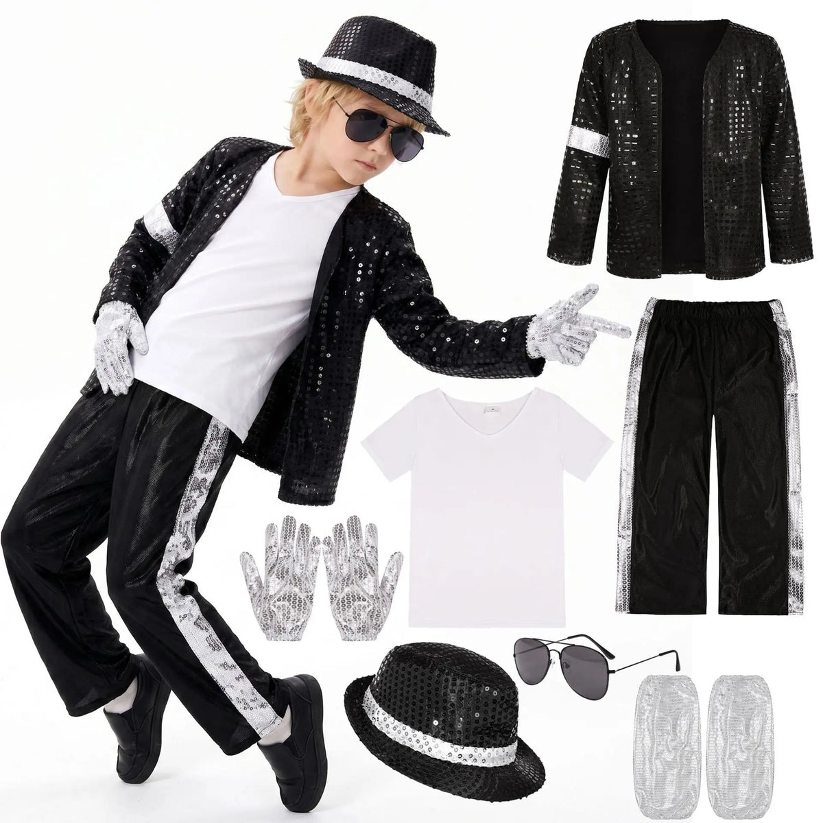Kids Dance Star Costume Set, Metallic Shiny Retro 80s and 90s Stage Outfit for Boys and Girls, Cosplay and Party Dress-Up in Sizes M–XXXL