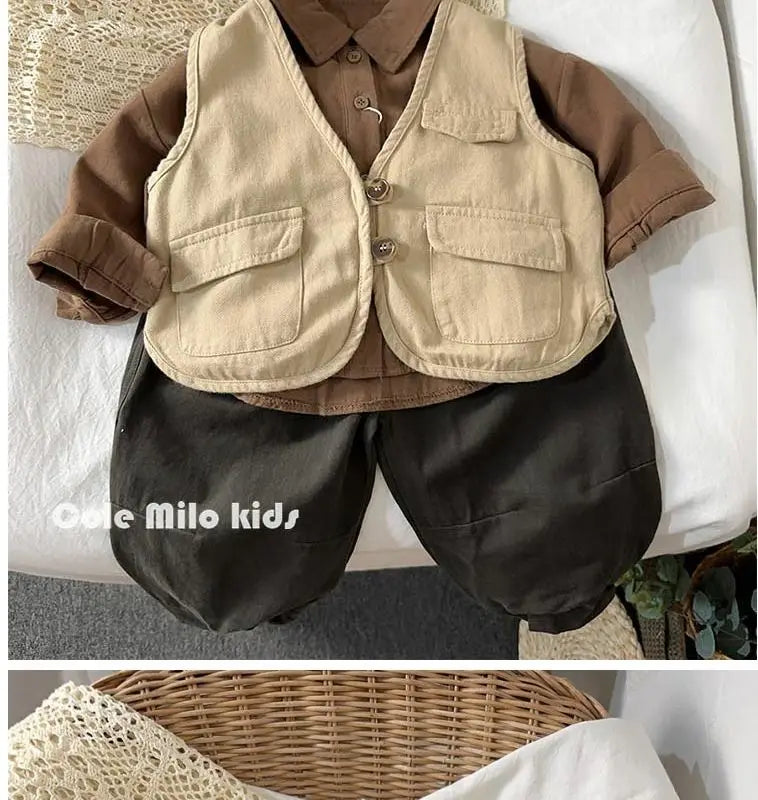 Baby and Toddler Collared Button-Up Shirt with Long Sleeves and Chest Pocket, Beige or Brown Unisex Casual Top for Spring and Fall Family Outfits