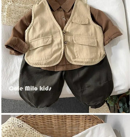 Baby and Toddler Collared Button-Up Shirt with Long Sleeves and Chest Pocket, Beige or Brown Unisex Casual Top for Spring and Fall Family Outfits