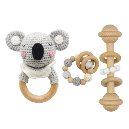 Crochet Animal Rattle Set with Wooden Ring and Coordinating Accessories, Rabbit, Deer and More Designs for Supervised Play and Baby Shower Gifts