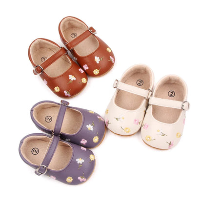 Baby Floral Mary Jane Shoes with Embroidered Flowers, Soft TPR Soles and PU Uppers in Beige Brown or Lavender for Dressy Outfits, Sizes 0-18 Months