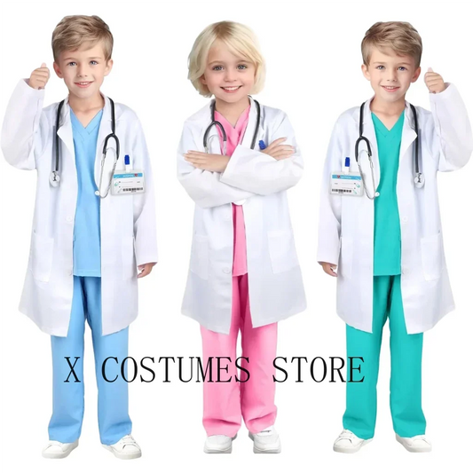 Kids Doctor Costume Set with White Lab Coat and Colorful Scrubs, Nurse Role-Play Outfit for Boys and Girls, Career Day, Halloween and Pretend Clinic Play