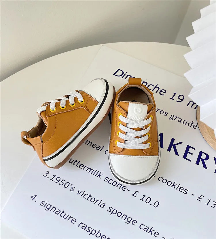 Toddler Colorful Eyelet Sneakers with Lace-Up Front and Contrast Sole Stripe, Beige or Yellow Baby Boys and Girls Casual Spring and Fall Shoes