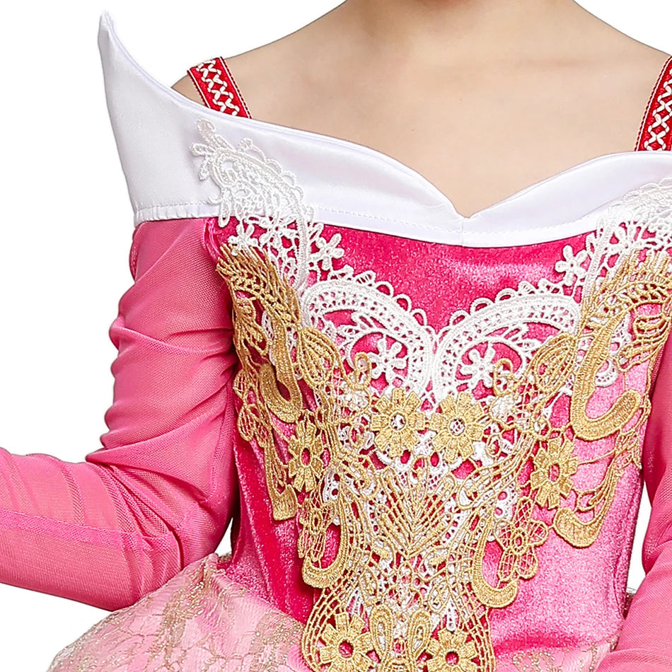 Pink Princess Costume Dress for Girls with Gold-Tone Detailing and Long Sleeves, Aurora-Inspired Party Dress-Up with Selectable Bundle Options