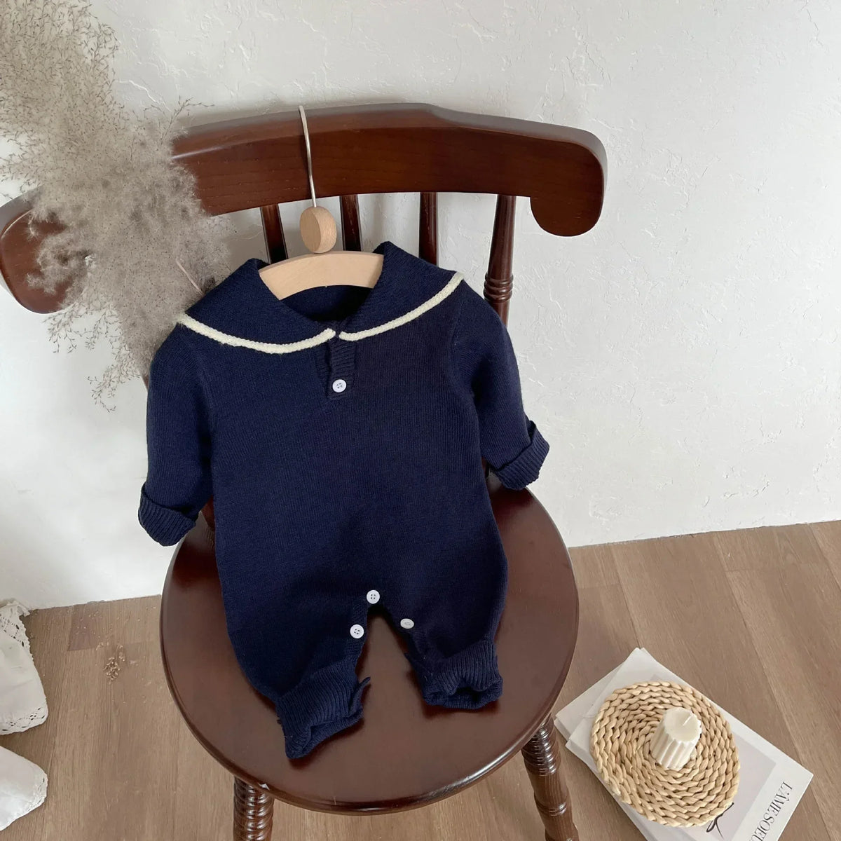 Sailor Collar Baby Knit Romper with Long Sleeves and Button Fastenings, Footless One-Piece Outfit in Gray, Stripe or Dark Blue, Sizes 66-100