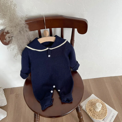 Sailor Collar Baby Knit Romper with Long Sleeves and Button Fastenings, Footless One-Piece Outfit in Gray, Stripe or Dark Blue, Sizes 66-100