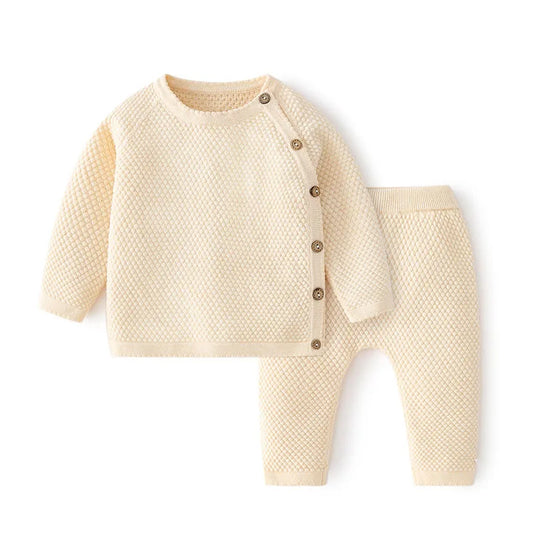 Baby Cotton Knit Sweater Set with Side Buttons and Matching Pants, Textured Two-Piece Outfit for Boys and Girls, Newborn to Toddler Sizes