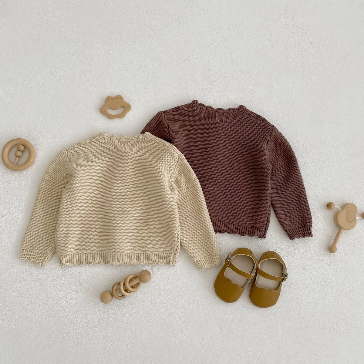 Scalloped Neck Baby Cardigan with Button Front, Textured Knit and Ribbed Cuffs, Long Sleeve Infant and Toddler Sweater in Khaki or Apricot