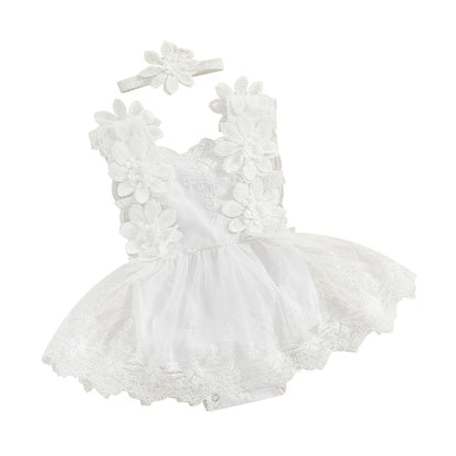 Floral Lace Baby Romper Dress with Matching Headband, Raised Flower Bodice and Sleeveless Square Neck for Parties and Milestone Photos, 0-18 Months