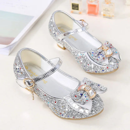 Bow-Accent Glitter Mary Jane Shoes for Girls with Buckled Strap and Block Heel, Sparkling Princess Dress Shoes for Parties and Weddings