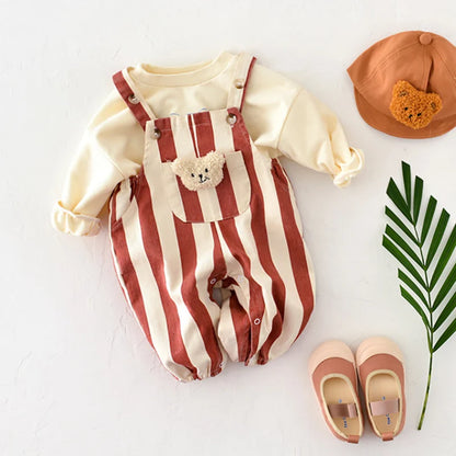 Baby Bear Patch Overalls with Red Stripe or Beige MINI Print, Button Shoulder Straps and Snap Legs, Loose-Fit Infant Jumpsuit for Boys and Girls