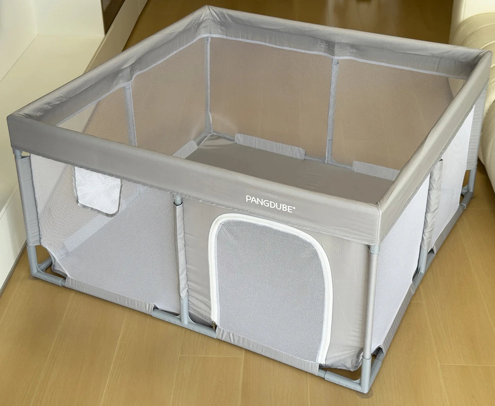 Padded Baby Playpen by PANGDUBE, Gray Mesh Activity Yard with External Zipper Door, Storage Pocket and Five Size Options for Supervised Play