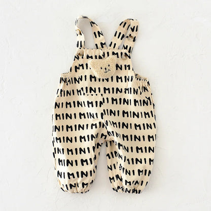 Baby Bear Patch Overalls with Red Stripe or Beige MINI Print, Button Shoulder Straps and Snap Legs, Loose-Fit Infant Jumpsuit for Boys and Girls