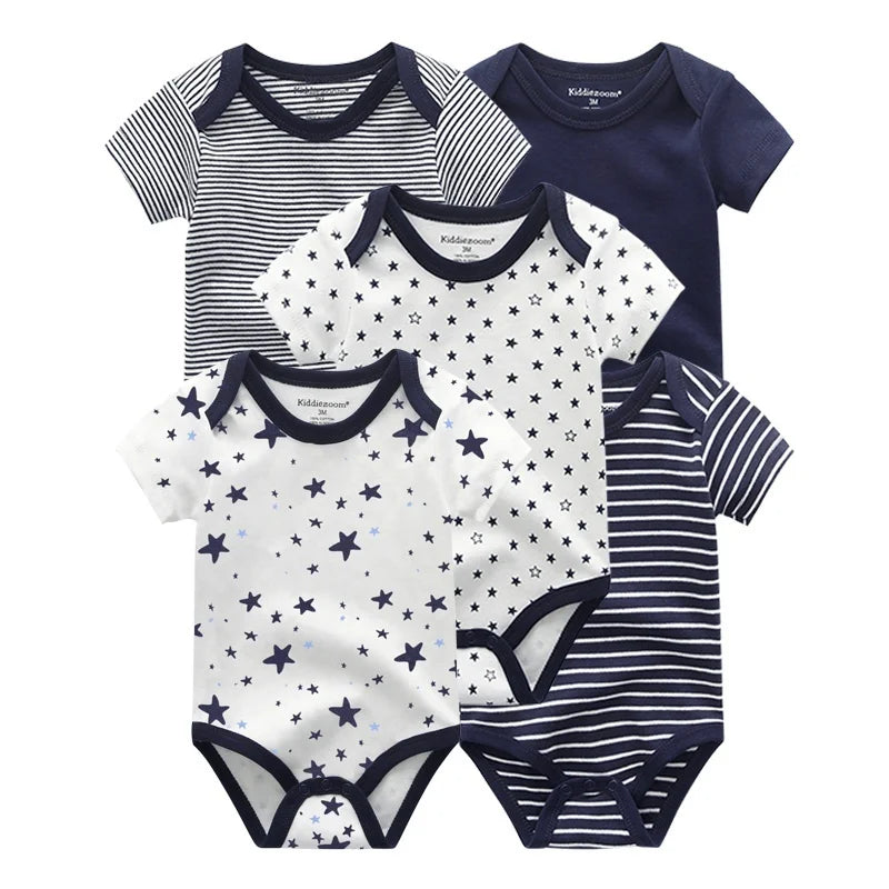 Baby Bodysuit Multipack with Cartoon Prints, Kiddiezoom 5 Short Sleeve One-Piece Outfits with Snap Closures for Boys and Girls, 3M-12M