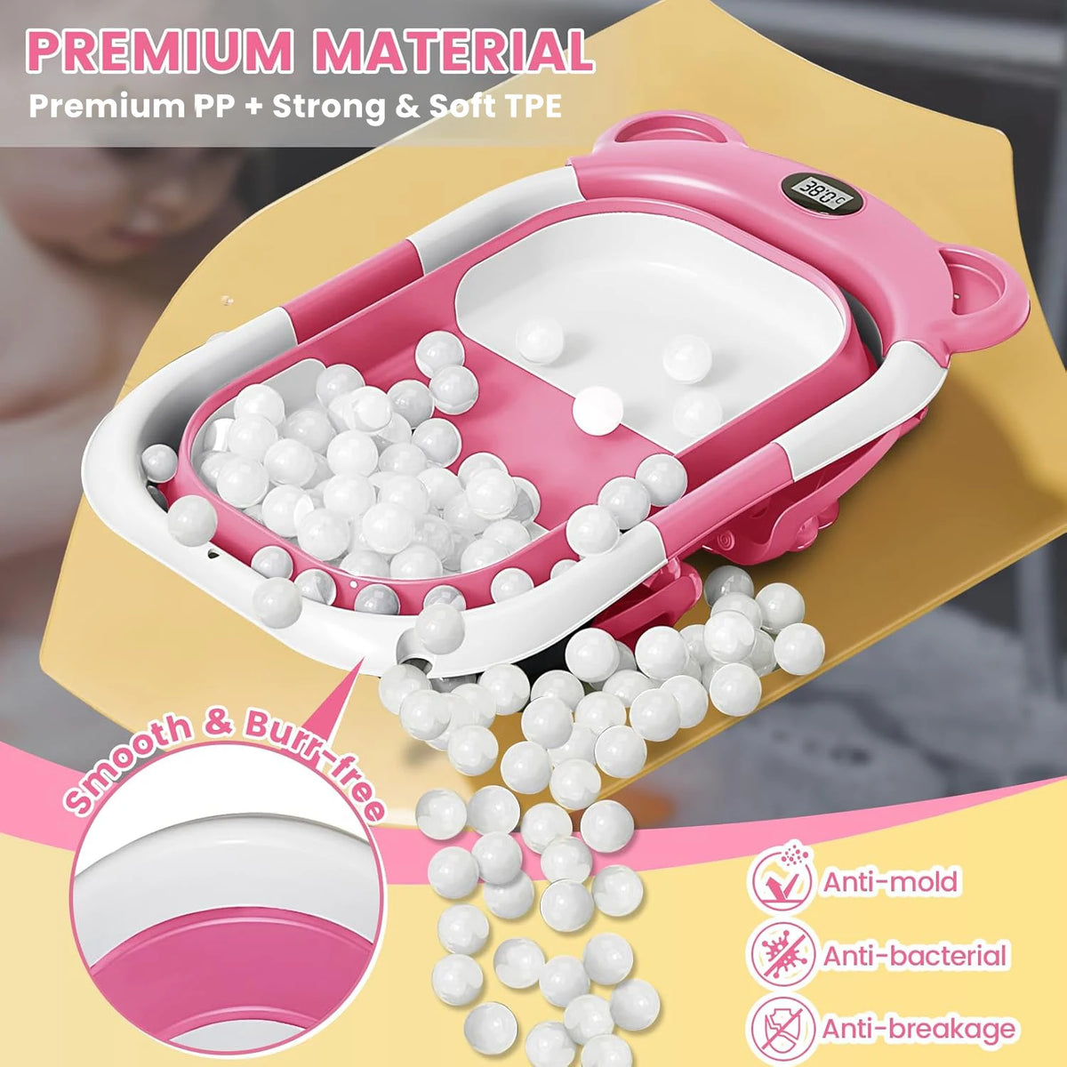 Travel Baby Bathtub with Thermometer and Soft Floating Cushion, Collapsible PP and TPE Bath Tub with Drain Plug for Supervised Infant and Toddler Bathing