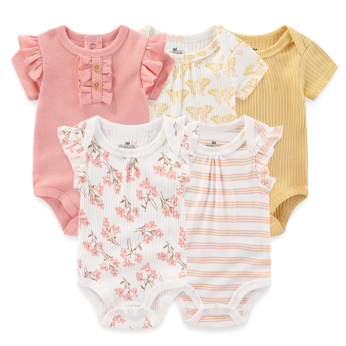 Baby Bodysuit Multipack with Cartoon Prints, Kiddiezoom 5 Short Sleeve One-Piece Outfits with Snap Closures for Boys and Girls, 3M-12M