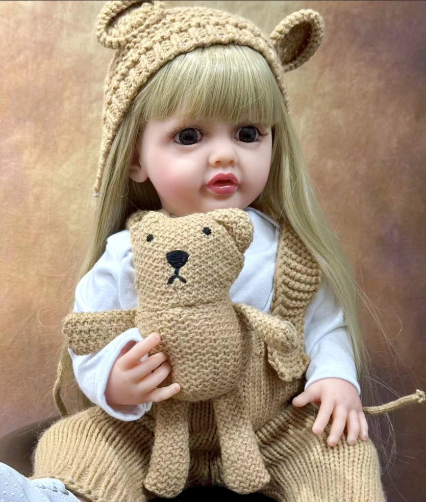 Long Hair Reborn Girl Doll with Fixed Acrylic Eyes, 20 Inch Toddler-Style Doll with Movable Limbs, Clothes, Magnetic Pacifier and Bottle