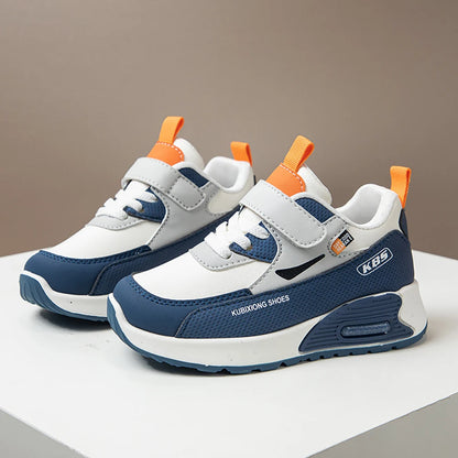 Color-Block Kids Running Shoes with PU Leather Upper, Soft Rubber Sole and Strap Closure for Boys and Girls, School Days and Outdoor Play