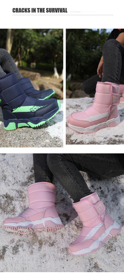 High-Top Kids Snow Boots with Hook-and-Loop Side Straps, Padded Shafts and Chunky Tread Soles for Winter Outings, Chinese Sizes 31-42
