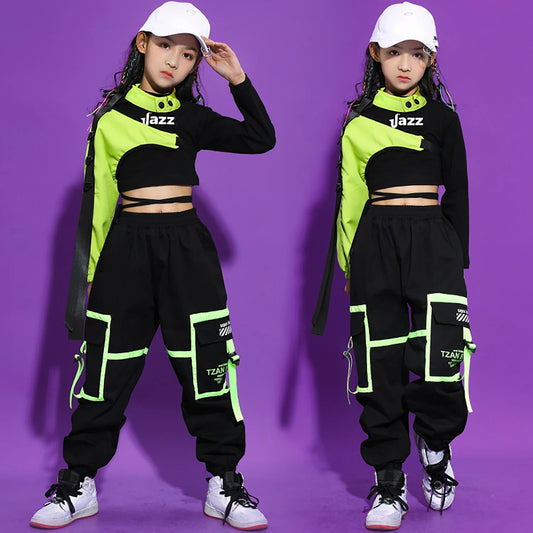 Girls Hip Hop Cargo Pants Dance Set with Crop Top and Decorative Sleeve, Three-Piece Colorblock Stage Outfit for Ages 4–16 by LOLANTA