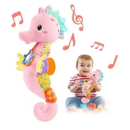 Plush Seahorse Baby Rattle with Crinkle Sounds, Colorful Patterned Panels and Soft Animal Design for Supervised Sensory Play and Baby Shower Gifts