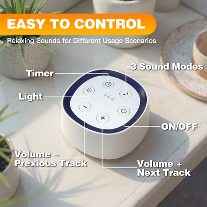 24-Sound White Noise Machine with Warm Breathing Night Light, 30/60/90-Minute Auto-Off Timer and USB Rechargeable Design for Nursery and Travel