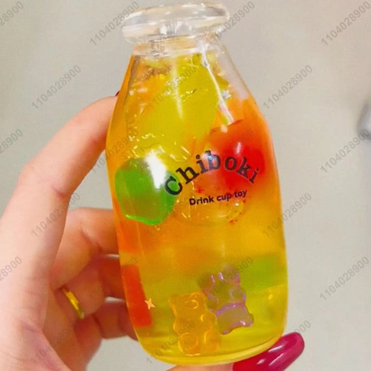 Bottle Shaped Stress Ball Fidget Toy with Colorful Filling, Juice and Boba Inspired Squishy Designs for Tactile Play and Novelty Gifts