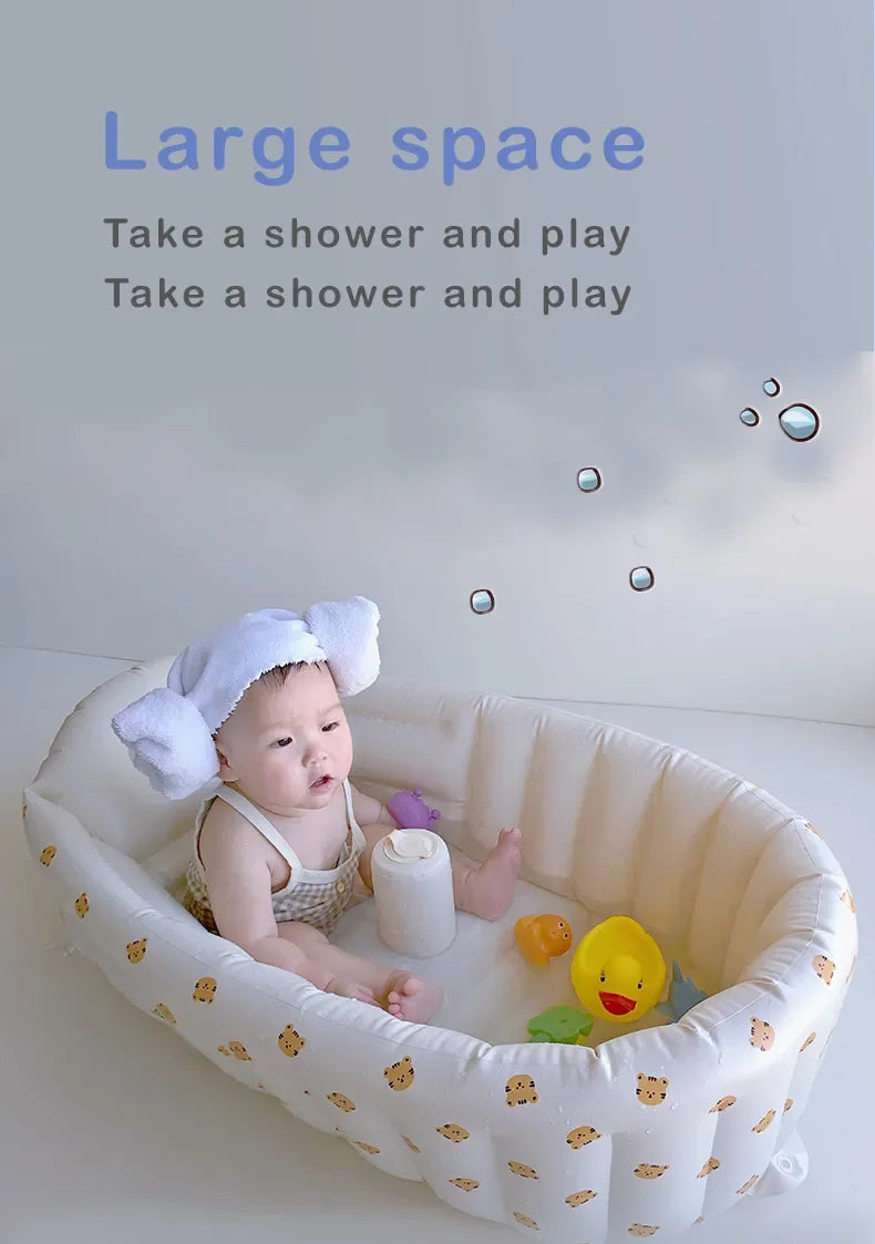 Portable Baby Bath Tub with Built-In Air Pump, Inflatable PVC Bathtub in Animal and Olive Prints for Home Bathing and Family Travel