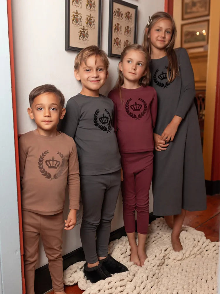 Royal Crown Kids Matching Outfits in Cotton Jersey with Velvet Crown Prints, Long-Sleeve Top and Pants or Dress Styles for Sibling Photos