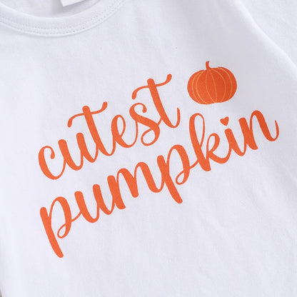 Baby Girl Pumpkin Outfit with Long Sleeve Bodysuit, Orange Ribbed Bell Bottom Pants and Bow Headband, Three-Piece Halloween Set for 0-18 Months