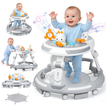 Baby Walker Activity Center in White, 4-in-1 Play Design with 3 Frame Height Settings, 5 Seat Adjustments and Wheeled Base for Indoor Use