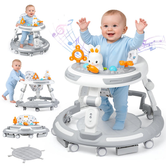 Baby Walker Activity Center in White, 4-in-1 Play Design with 3 Frame Height Settings, 5 Seat Adjustments and Wheeled Base for Indoor Use