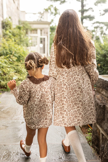 Brown Floral Sibling Matching Outfits with Cotton Girls Dresses and Baby Bloomer Sets, Coordinating Cardigans and Plaid Boys Pants or Overall Shorts