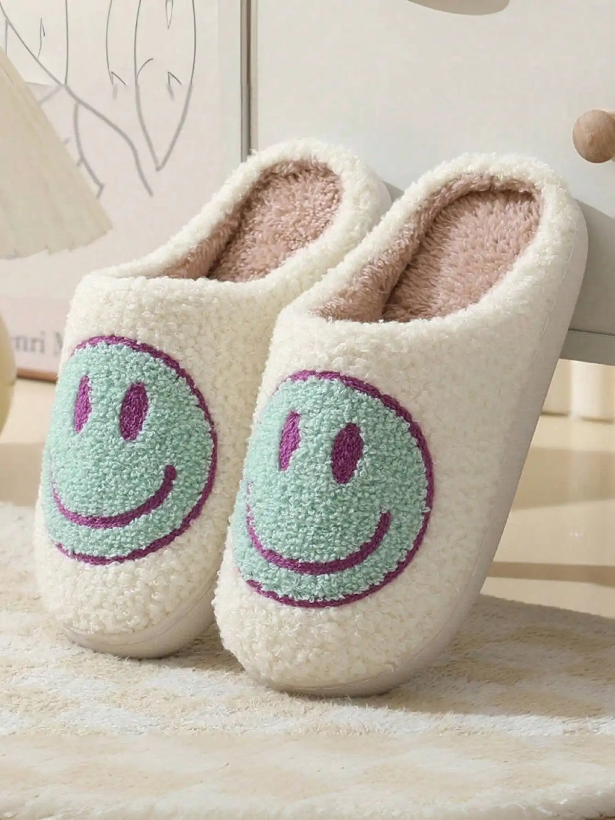 Kids Smiley Face Plush Slippers, Closed-Toe Slip-On Indoor House Shoes with Thick Soles in Blue, Pink, Yellow or Light Green for Fall and Winter