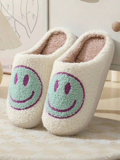 Kids Smiley Face Plush Slippers, Closed-Toe Slip-On Indoor House Shoes with Thick Soles in Blue, Pink, Yellow or Light Green for Fall and Winter