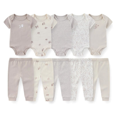 Baby Bodysuit and Pants Set, 10-Piece Kiddiezoom Infant Clothing Bundle with Short-Sleeve Tops for Boys and Girls, Sizes 3M-12M