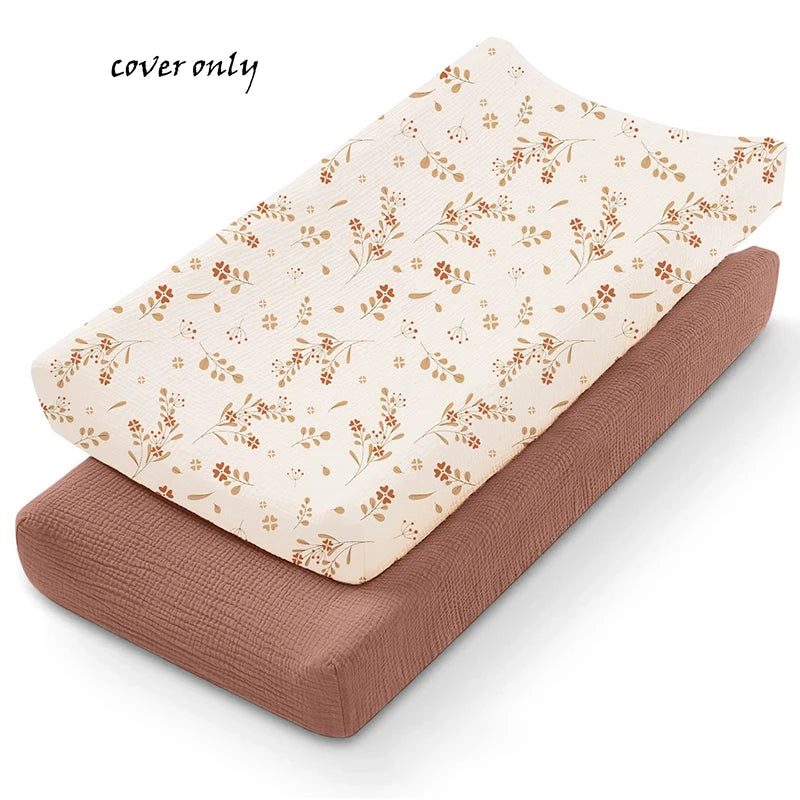 Muslin Cotton Changing Pad Covers 2-Pack with Elastic Edges, Double-Layer Baby Diaper Mat Covers for Newborn Nursery Care and Baby Shower Gifts